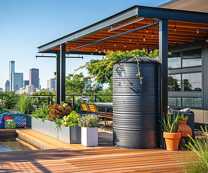 Terraza jardín con plantas y pérgola bioclimática